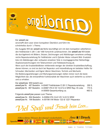 VEB Fortschritt Häcksler/Feldhäcksler Typ E 281 C & Motor 6 VD 14,5/12-2 SRW Bild- Reparaturanleitung & Bild- Ersatzteillisten & Explosionszeichnungen - annoligno 959